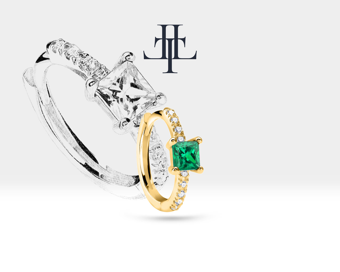 Prenses Zümrüt ve Pırlantalı Küpe, 12 MM , 14K Sarı-Beyaz-Kırmızı Altın | LE00010DE