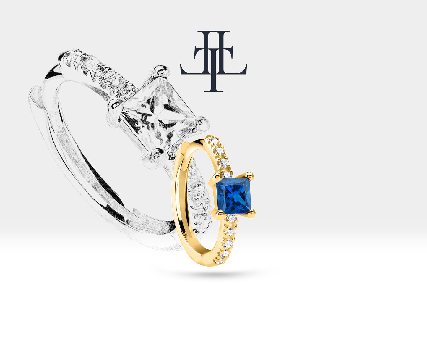 Prenses Safir ve Pırlantalı Küpe, 12 MM , 14K Sarı-Beyaz-Kırmızı Altın | LE00010DS