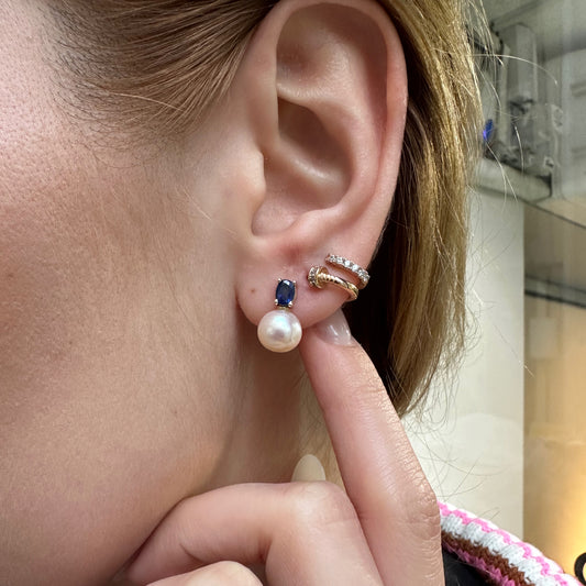 Oval Safir İnci Çivi Küpe, 14K Sarı-Beyaz-Kırmızı Altın | LES00005PS