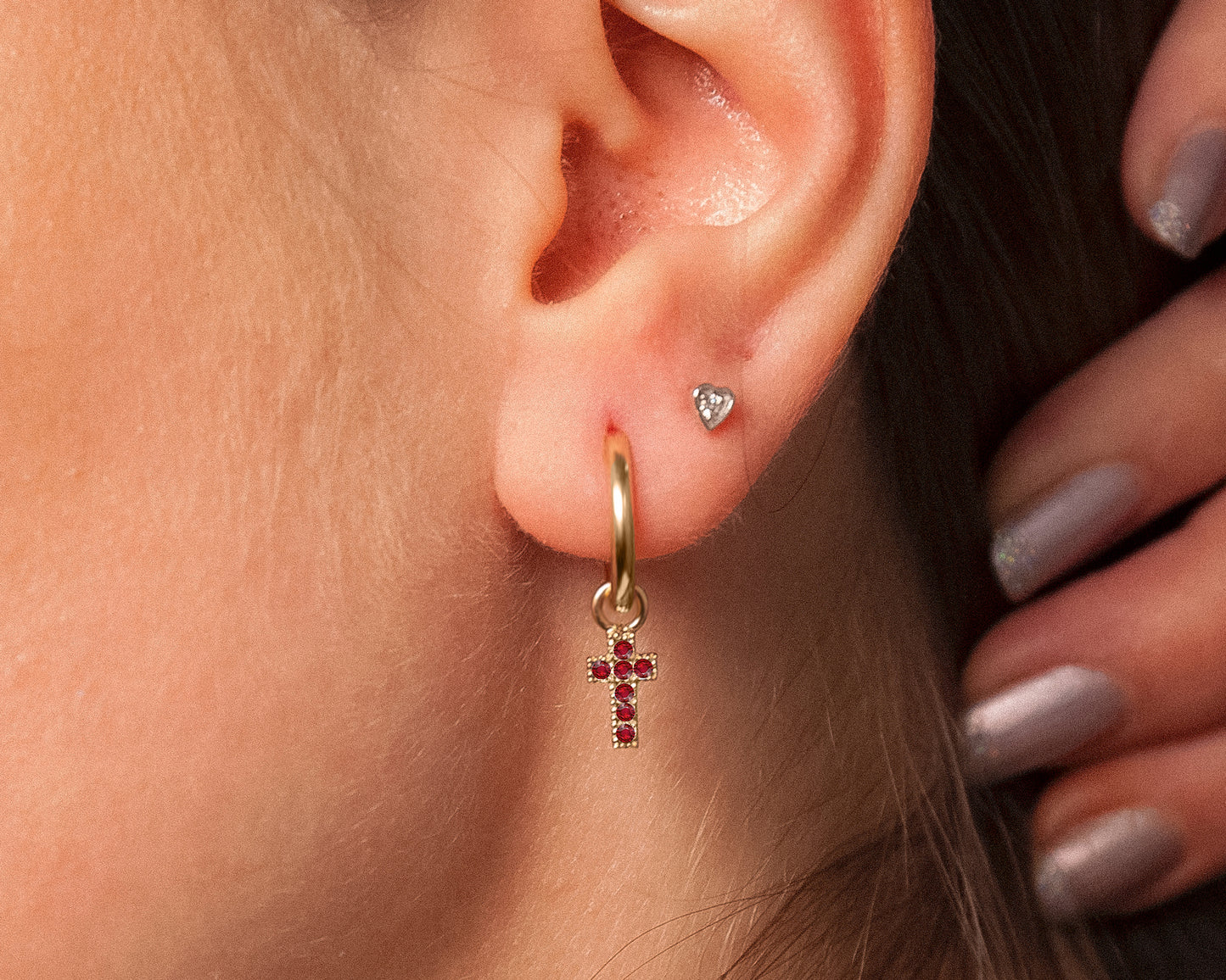 Yakut Haç Sallantılı Küpe, 13 MM , 14K Sarı-Beyaz-Kırmızı Altın | LE00034R