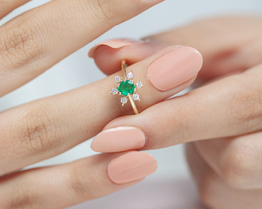 Zümrütlü Kar Tanesi Yüzük, 14K Sarı-Beyaz-Kırmızı Altın | LR00053DE