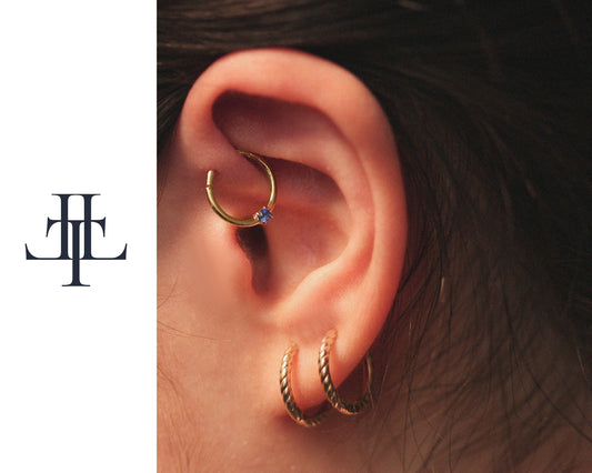 Safirli Halka Piercing, 10-12 MM , 1.2 MM, 14K Sarı-Beyaz-Kırmızı Altın | LC00032S