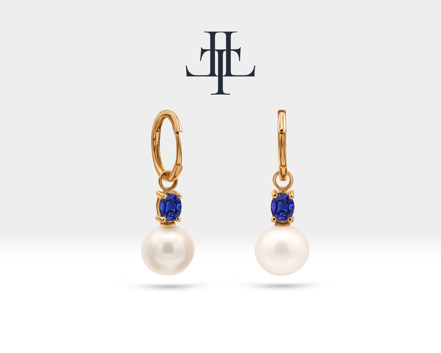 Oval Safir İnci Sallantılı Küpe, 14K Sarı-Beyaz-Kırmızı Altın | LE00079PS