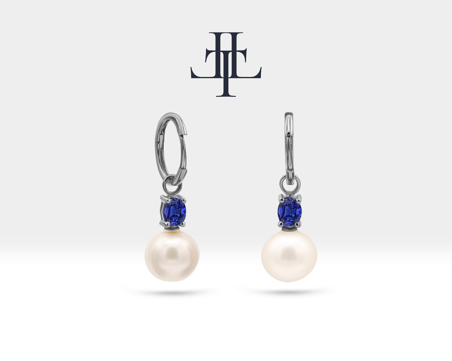 Oval Safir İnci Sallantılı Küpe, 14K Sarı-Beyaz-Kırmızı Altın | LE00079PS