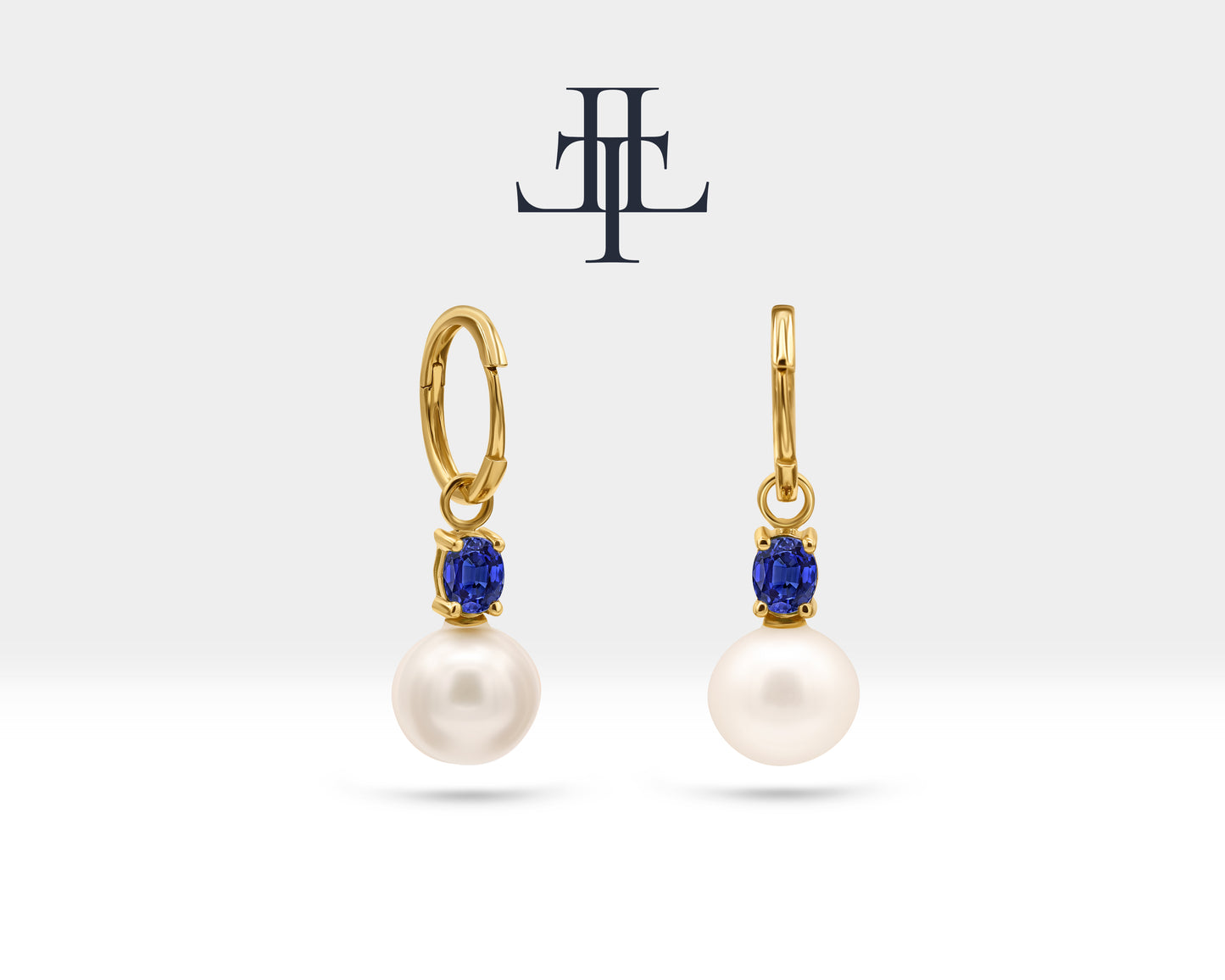 Oval Safir İnci Sallantılı Küpe, 14K Sarı-Beyaz-Kırmızı Altın | LE00079PS