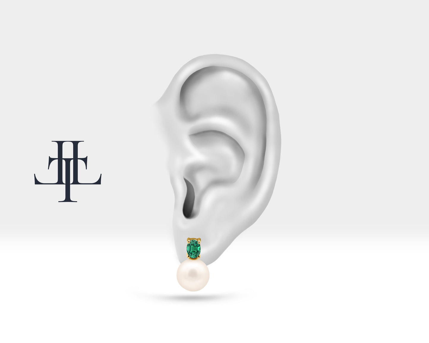 Oval Zümrüt İnci Çivi Küpe, 14K Sarı-Beyaz-Kırmızı Altın | LES00005PE