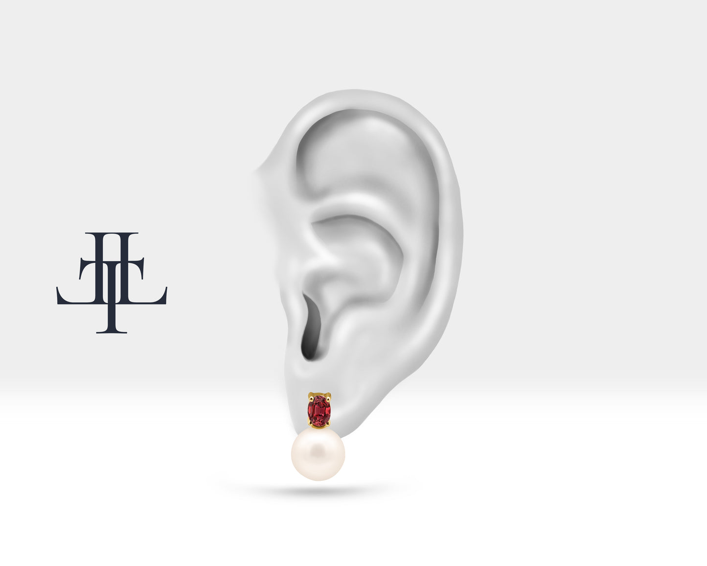 Oval Yakut İnci Çivi Küpe, 14K Sarı-Beyaz-Kırmızı Altın | LES00005PR