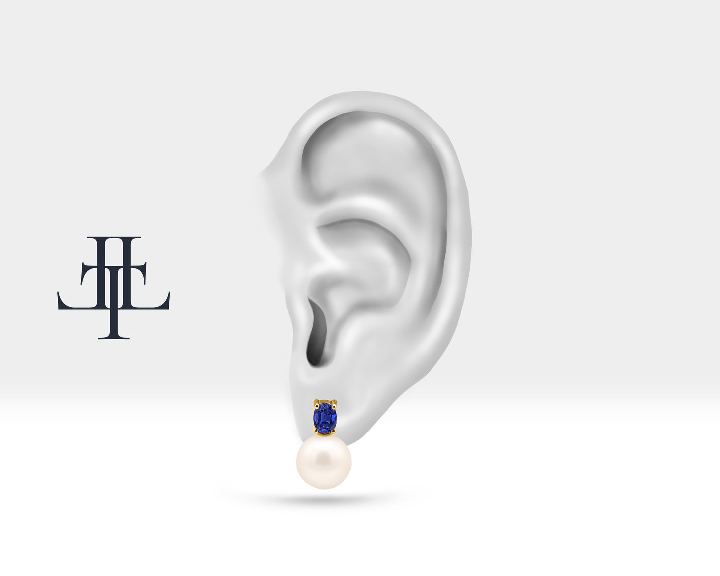 Oval Safir İnci Çivi Küpe, 14K Sarı-Beyaz-Kırmızı Altın | LES00005PS