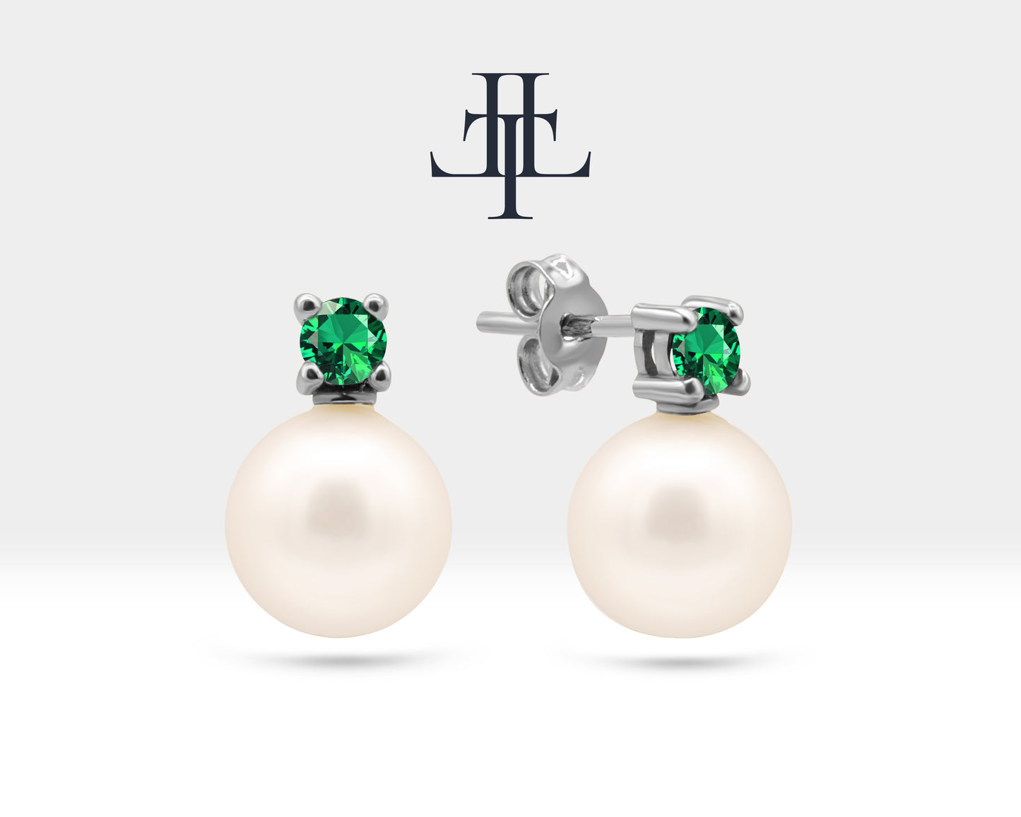 Yuvarlak Zümrüt İnci Çivi Küpe, 14K Sarı-Beyaz-Kırmızı Altın | LES00008PE