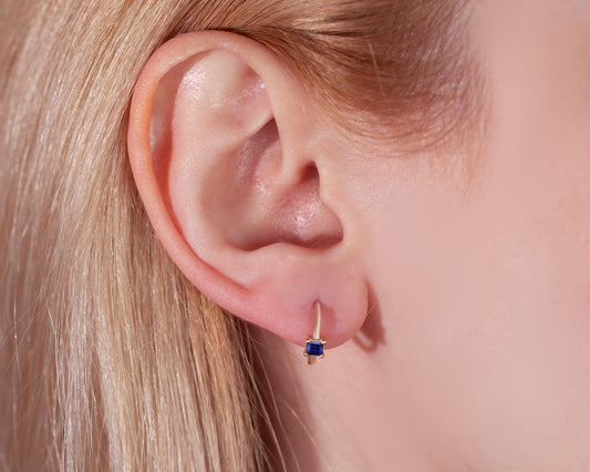 Prenses Safirli Küpe, 12 MM , 14K Sarı-Beyaz-Kırmızı Altın | LE00024S