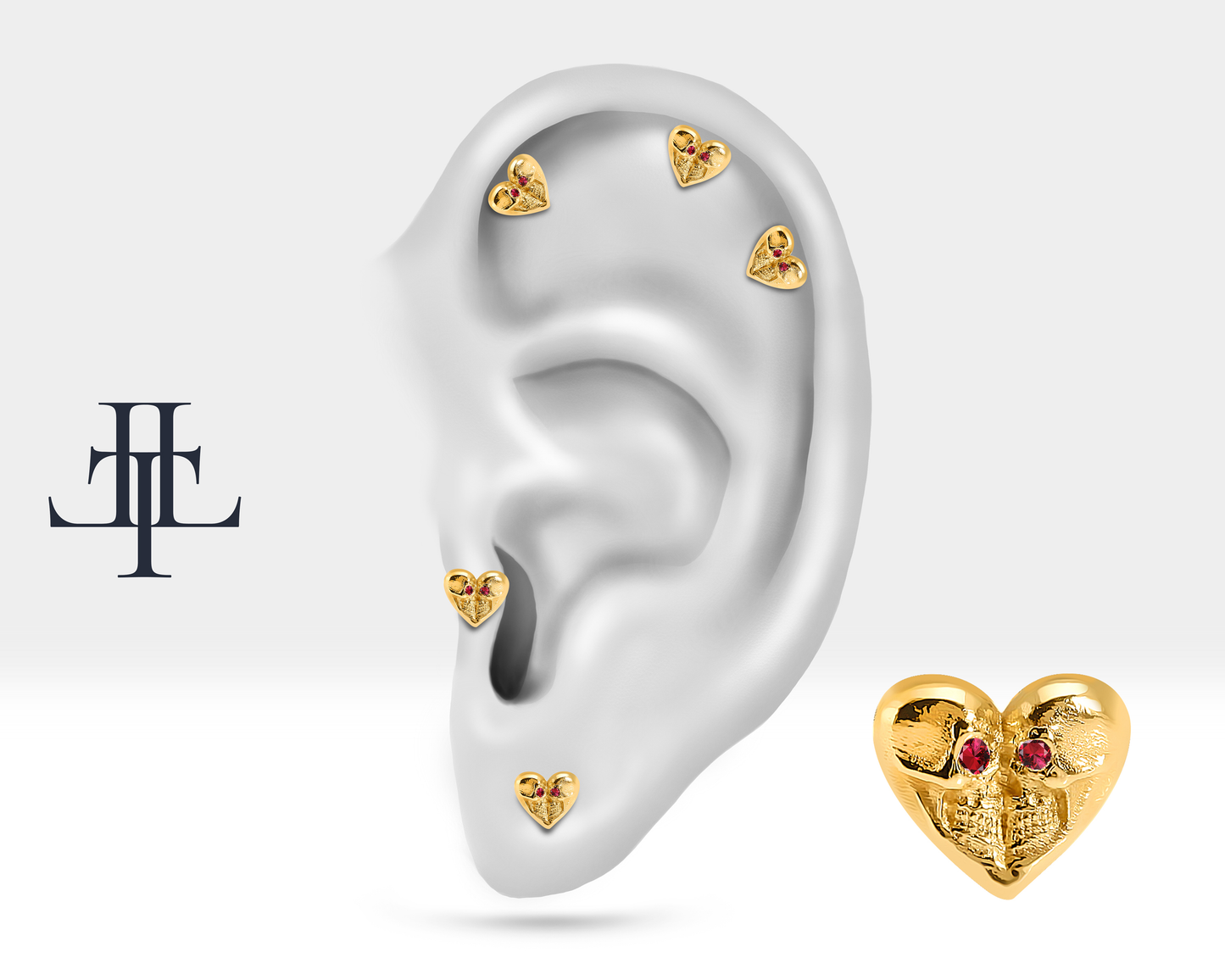 Kalp Kuru Kafa Yakutlu Piercing, 8 MM , 1.2 MM, 14K Sarı-Beyaz-Kırmızı Altın | LP00023R