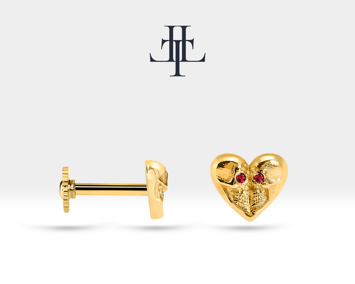 Kalp Kuru Kafa Yakutlu Piercing, 8 MM , 1.2 MM, 14K Sarı-Beyaz-Kırmızı Altın | LP00023R