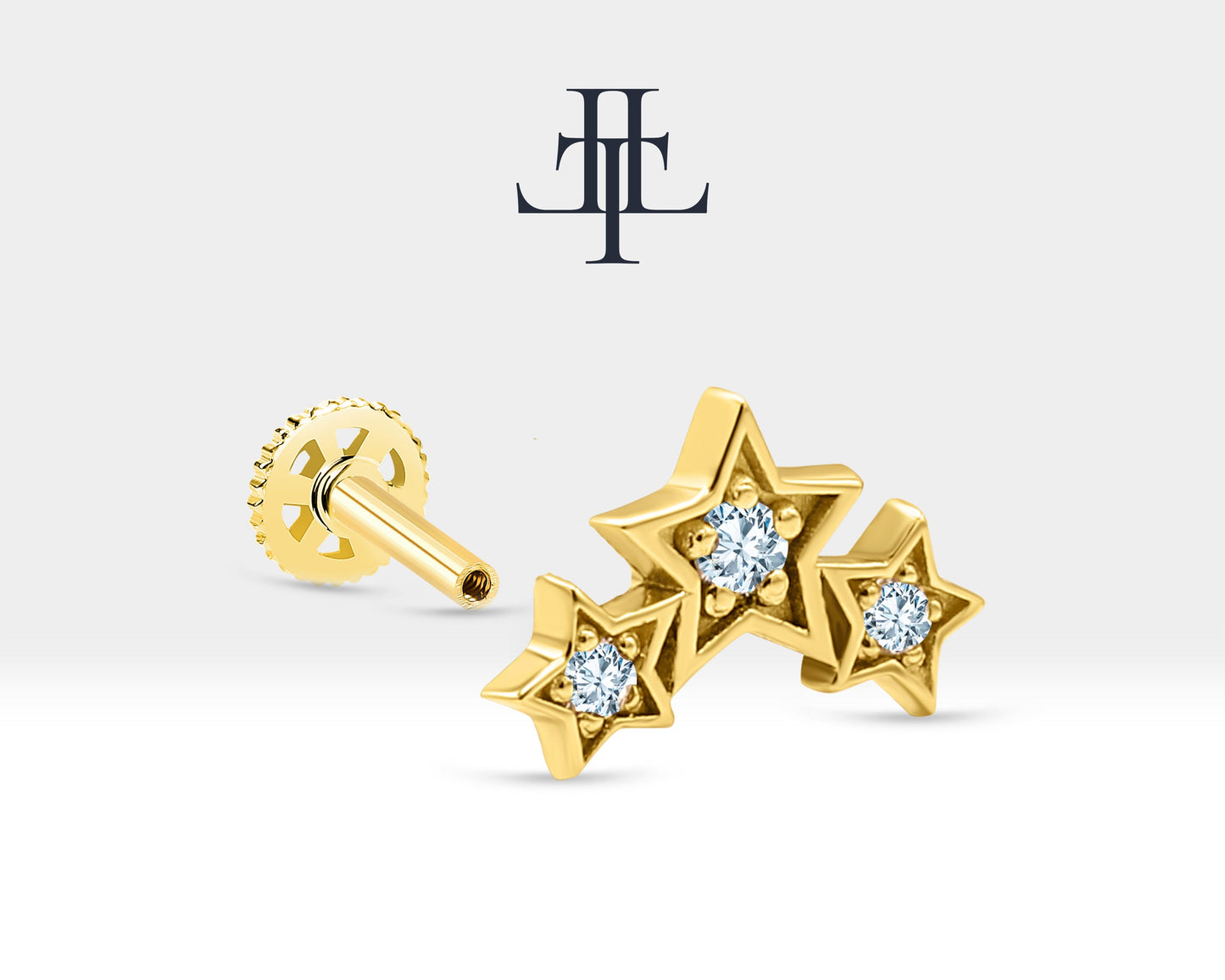Üçlü Yıldız Pırlanta Piercing, 8 MM , 1.2 MM, 14K Sarı-Beyaz-Kırmızı Altın | LP00042D