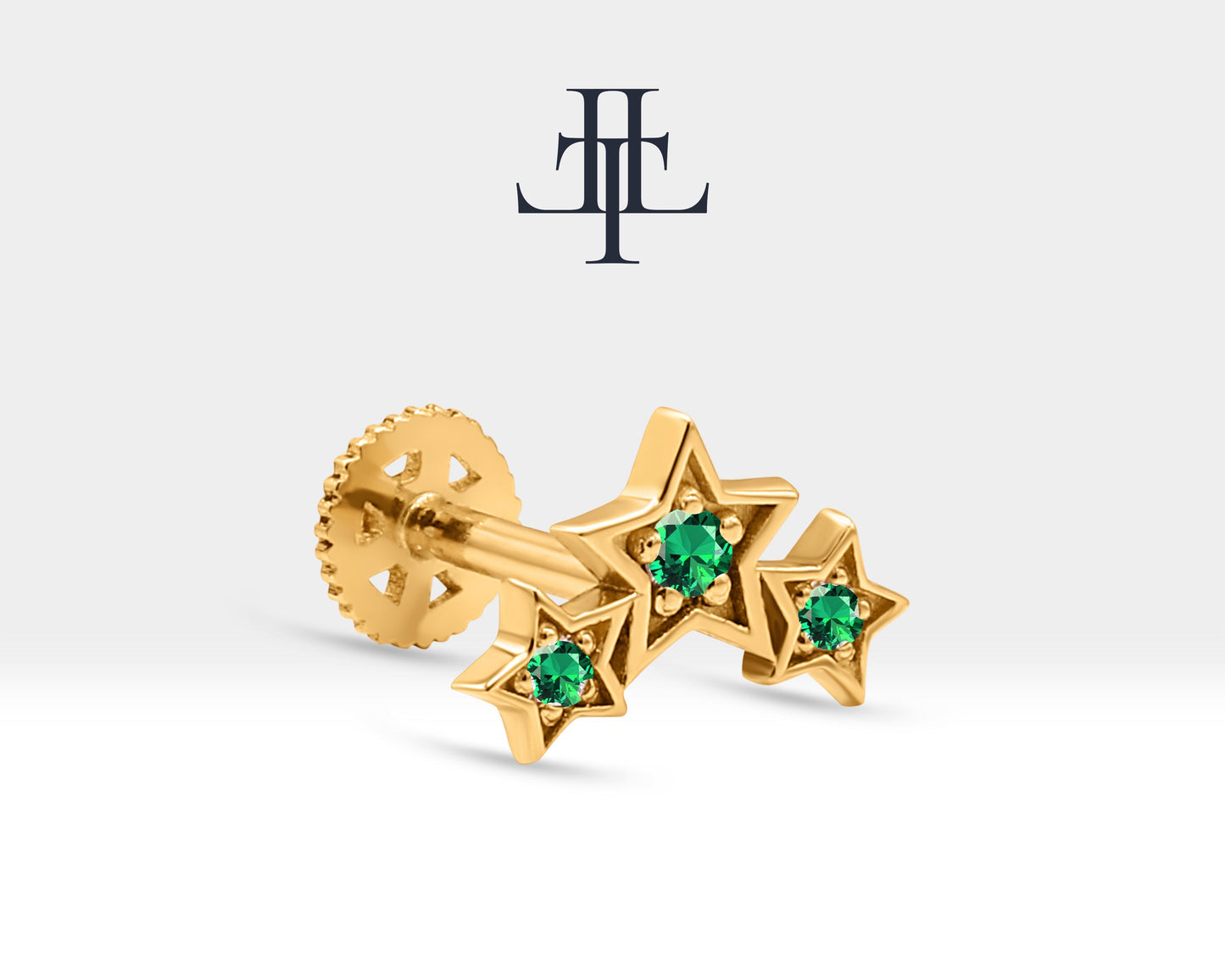 Üçlü Yıldız Yeşil Garnet Piercing, 8 MM , 1.2 MM, 14K Sarı-Beyaz-Kırmızı Altın | LP00042G