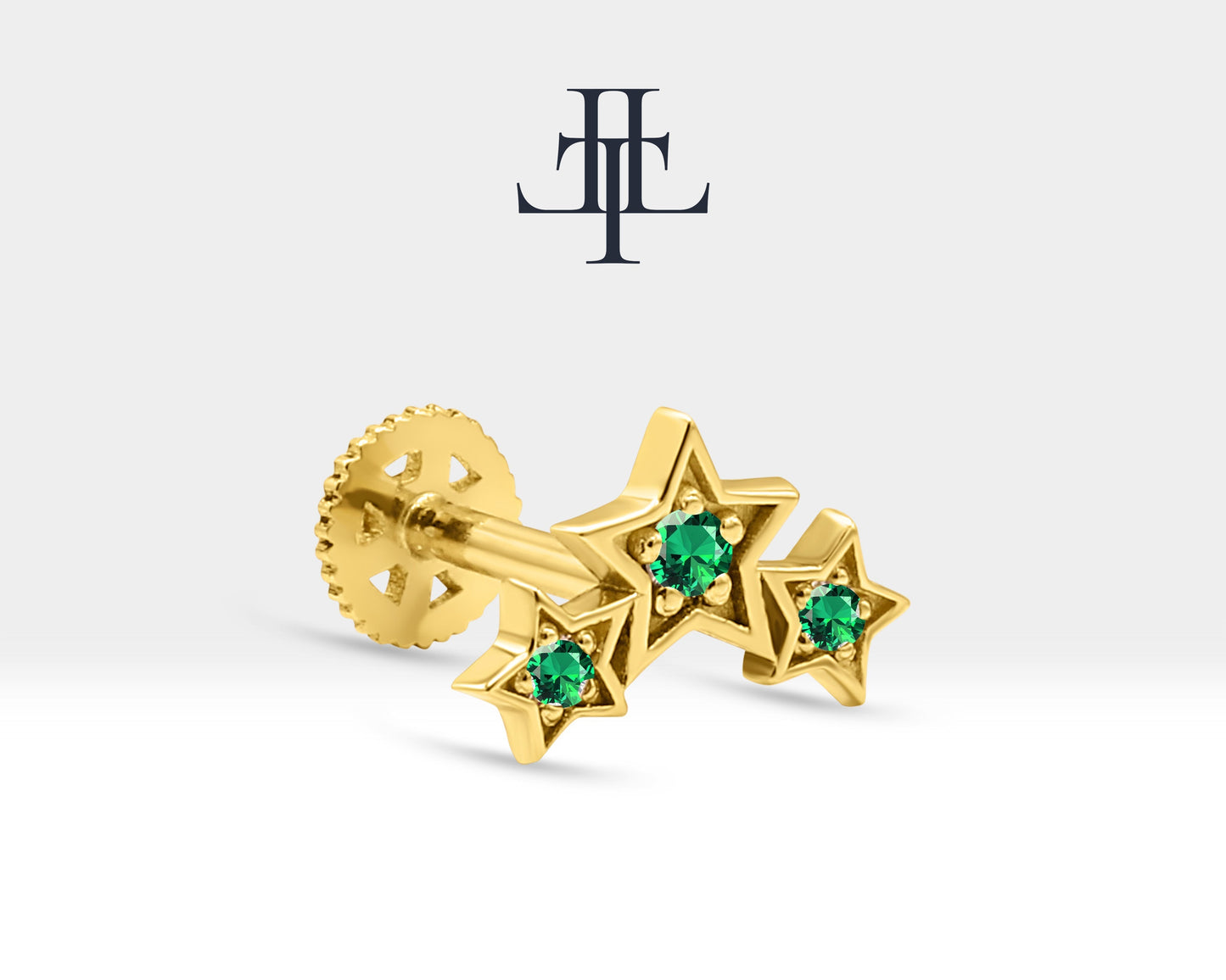 Üçlü Yıldız Yeşil Garnet Piercing, 8 MM , 1.2 MM, 14K Sarı-Beyaz-Kırmızı Altın | LP00042G