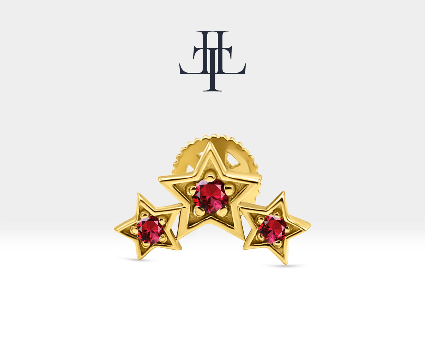 Üçlü Yıldız Yakut Piercing, 8 MM , 1.2 MM, 14K Sarı-Beyaz-Kırmızı Altın | LP00042R