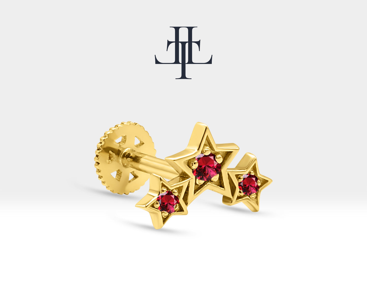 Üçlü Yıldız Yakut Piercing, 8 MM , 1.2 MM, 14K Sarı-Beyaz-Kırmızı Altın | LP00042R
