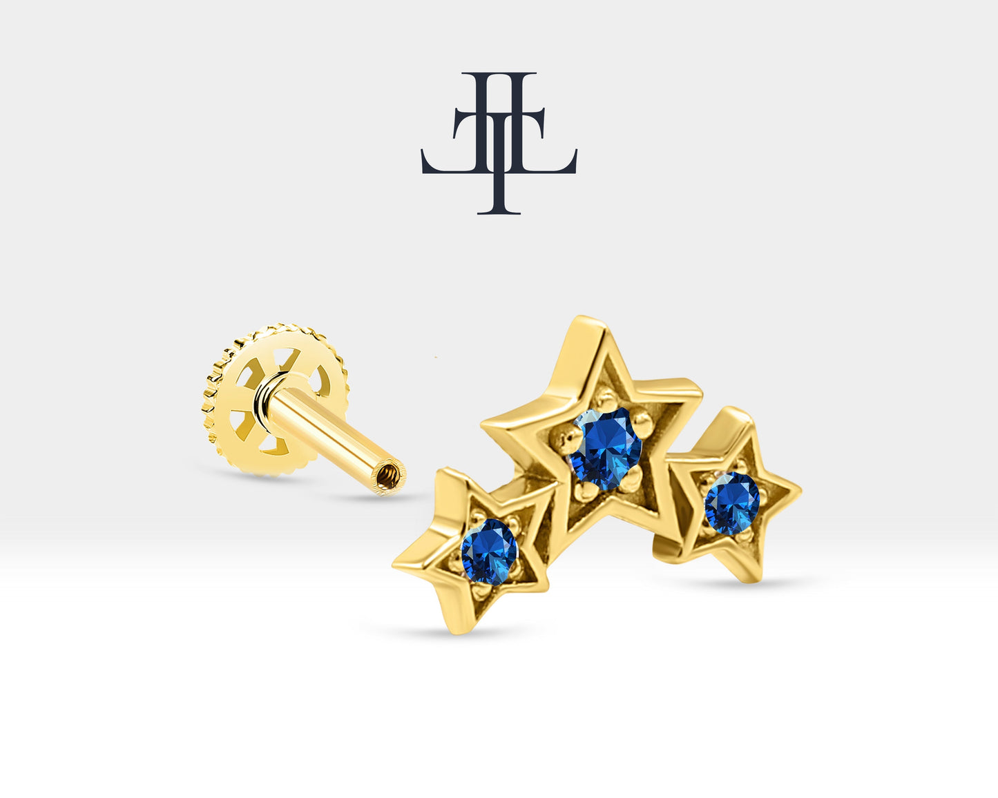 Üçlü Yıldız Safirli Piercing, 8 MM , 1.2 MM, 14K Sarı-Beyaz-Kırmızı Altın | LP00042S
