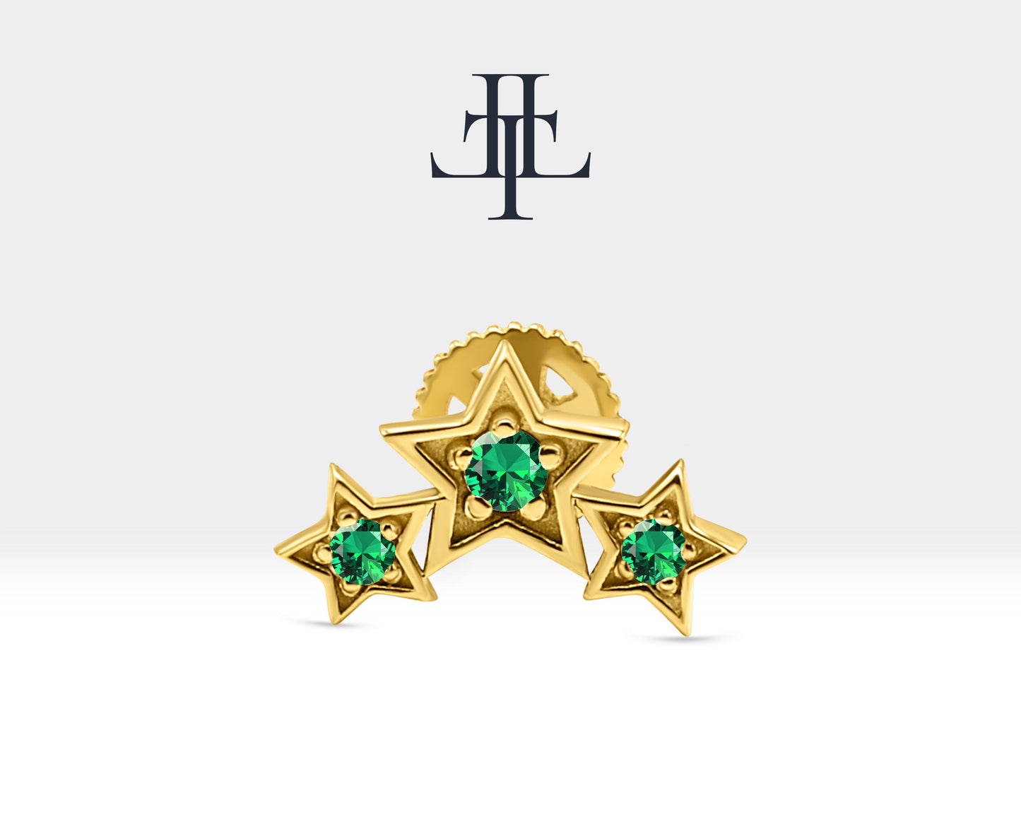 Üçlü Yıldız Yeşil Garnet Piercing, 8 MM , 1.2 MM, 14K Sarı-Beyaz-Kırmızı Altın | LP00042G