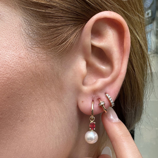 Oval Yakut İnci Sallantılı Küpe, 14K Sarı-Beyaz-Kırmızı Altın | LE00079PR