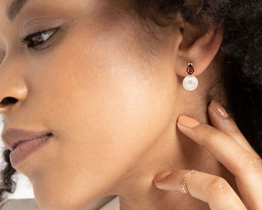 Damla Yakut İnci Çivi Küpe, 14K Sarı-Beyaz-Kırmızı Altın | LES00004PR