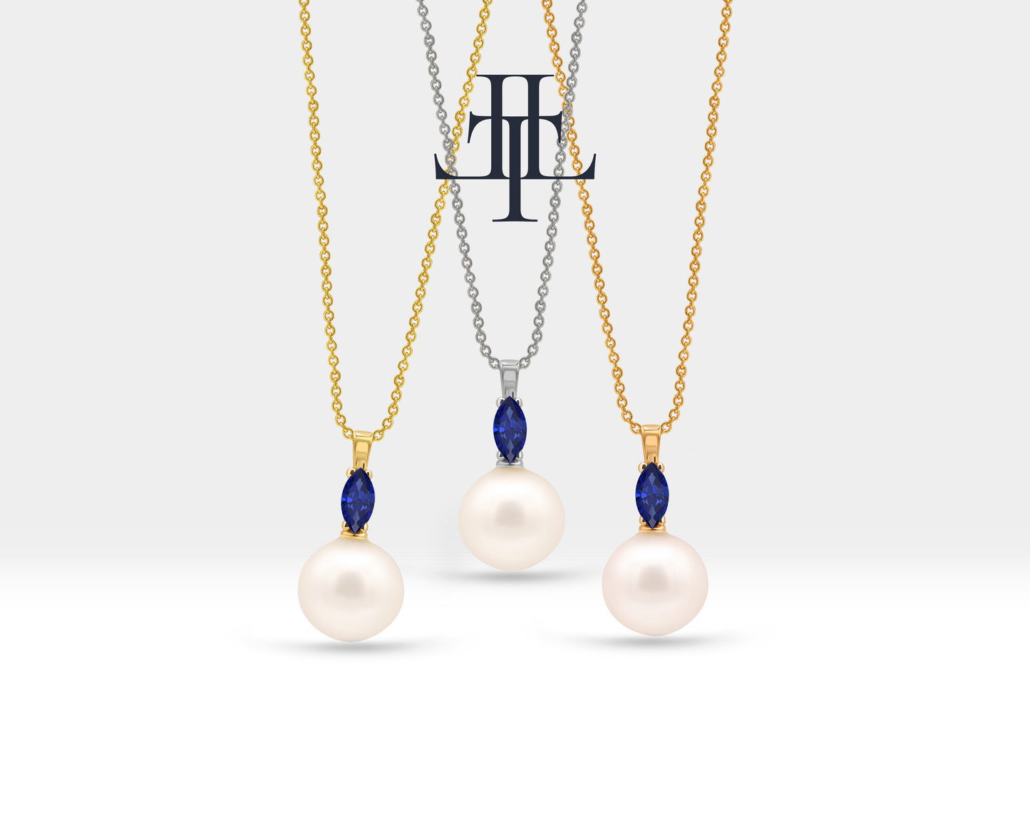Markiz Safir İnci Kolye, 14K Sarı-Beyaz-Kırmızı Altın | LN00008PS