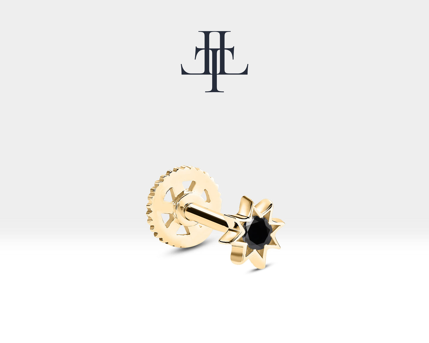 İştar Yıldızı Siyah Pırlantalı Piercing, 8 MM , 1.2 MM, 14K Sarı-Beyaz-Kırmızı Altın | LP00016B