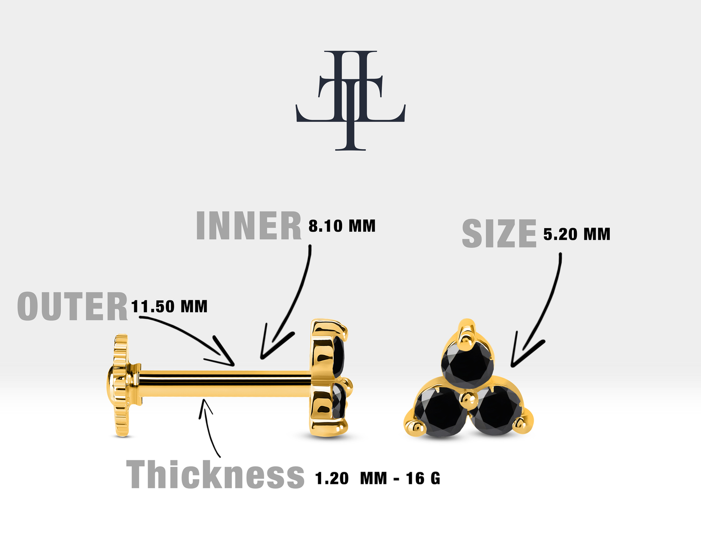 Üçlü Siyah Pırlanta Piercing, 8 MM , 1.2 MM, 14K Sarı-Beyaz-Kırmızı Altın | LP00021B