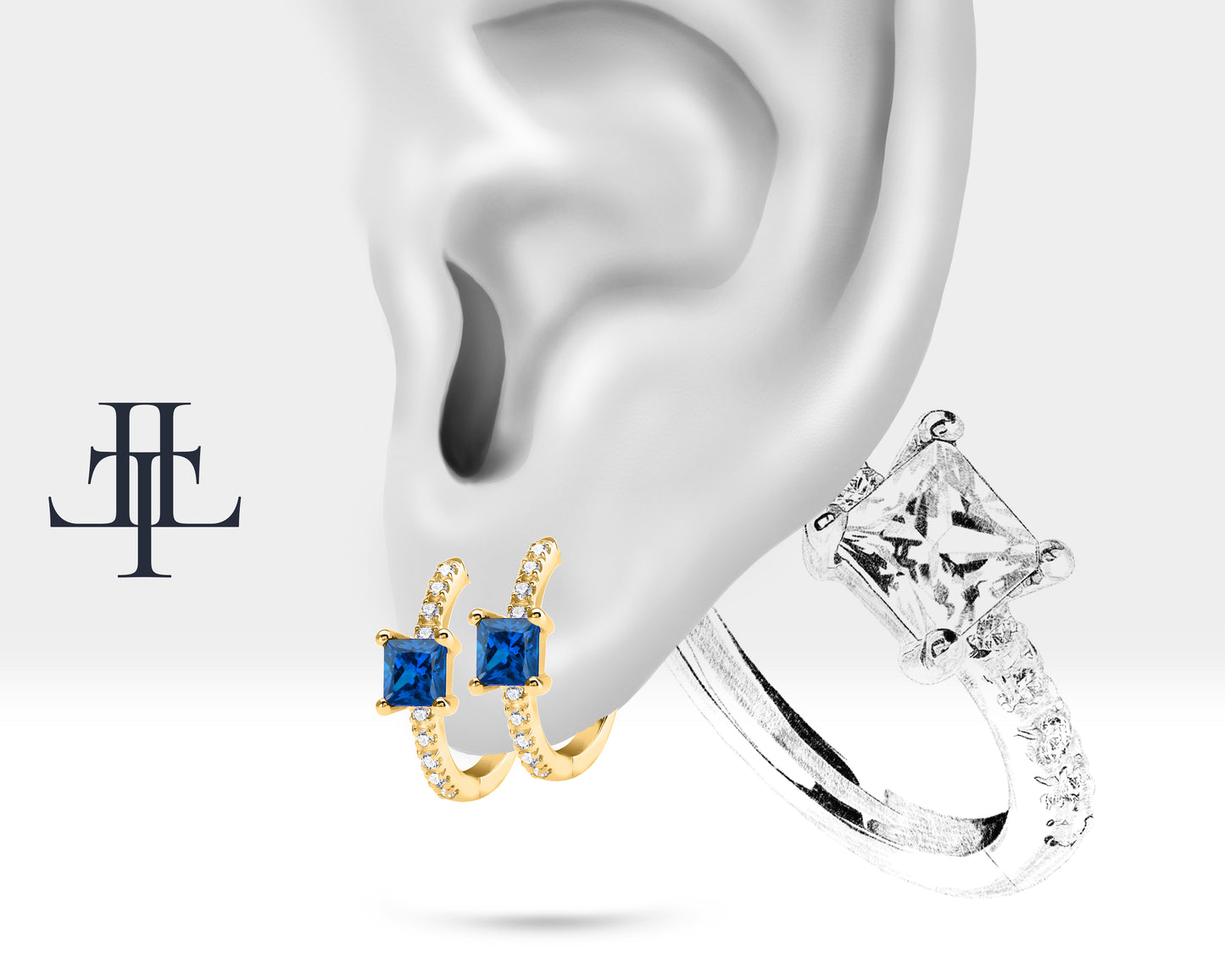 Prenses Safir ve Pırlantalı Küpe, 12 MM , 14K Sarı-Beyaz-Kırmızı Altın | LE00010DS