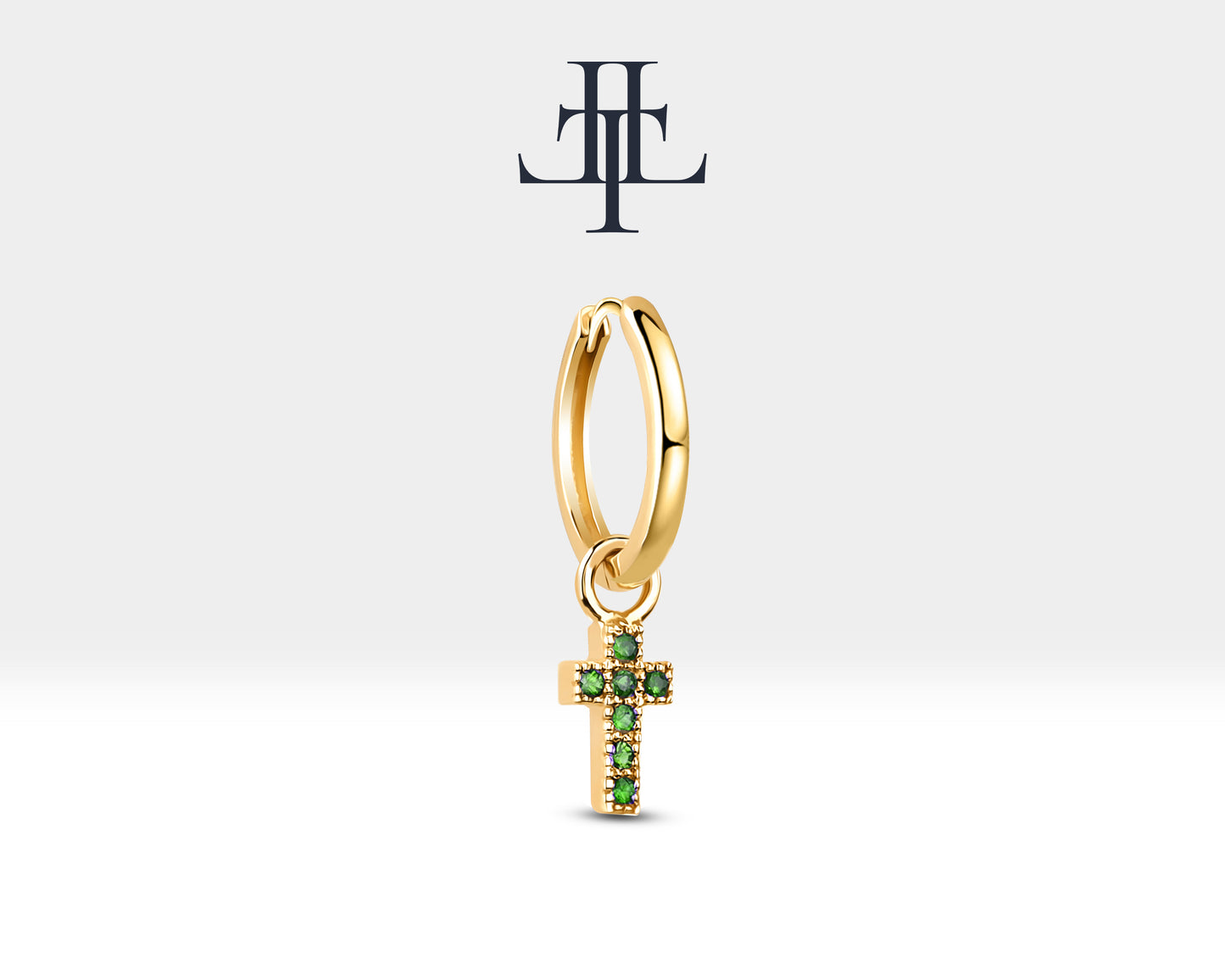 Yeşil Garnet Haç Sallantılı Küpe, 13 MM , 14K Sarı-Beyaz-Kırmızı Altın | LE00034G