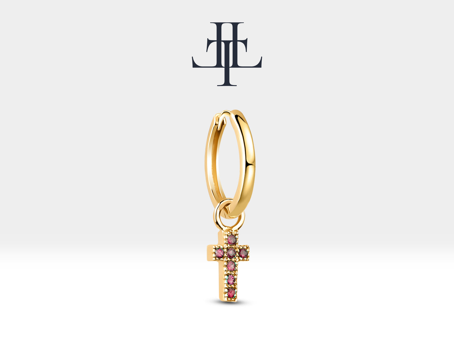 Yakut Haç Sallantılı Küpe, 13 MM , 14K Sarı-Beyaz-Kırmızı Altın | LE00034R
