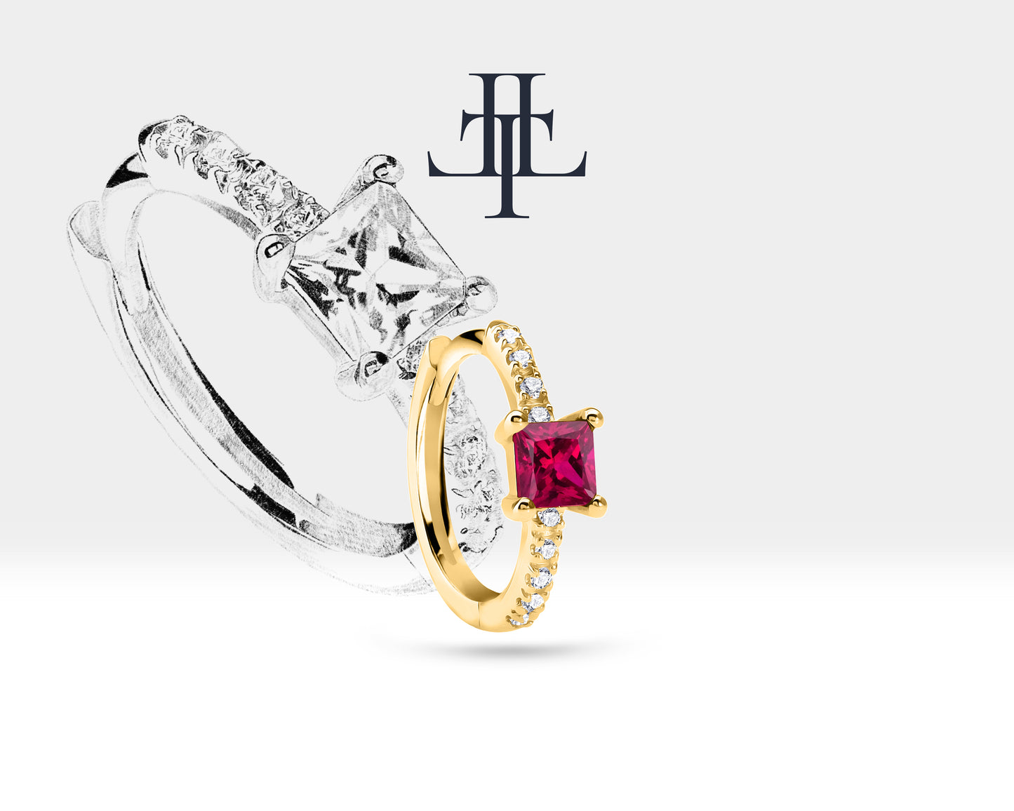 Prenses Yakut ve Pırlantalı Küpe, 12 MM , 14K Sarı-Beyaz-Kırmızı Altın | LE00010DR
