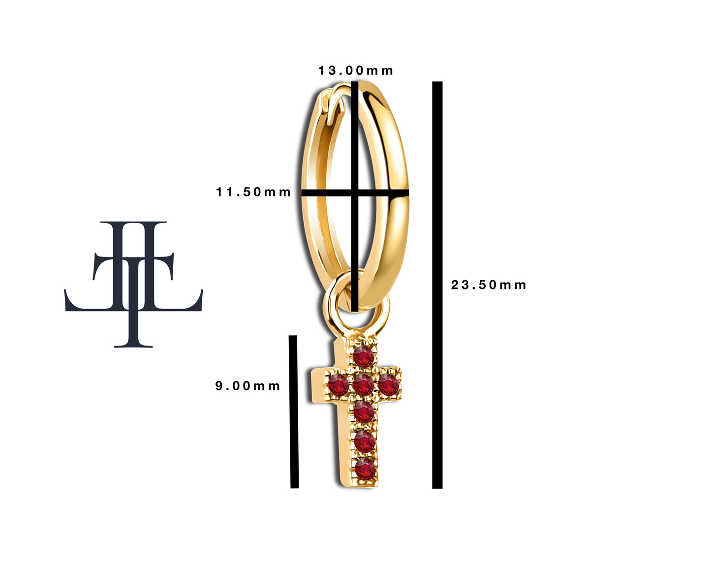 Yakut Haç Sallantılı Küpe, 13 MM , 14K Sarı-Beyaz-Kırmızı Altın | LE00034R