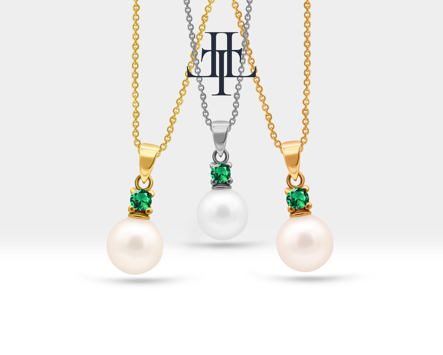 Yuvarlak Zümrüt İnci Kolye, 14K Sarı-Beyaz-Kırmızı Altın | LN00010PE