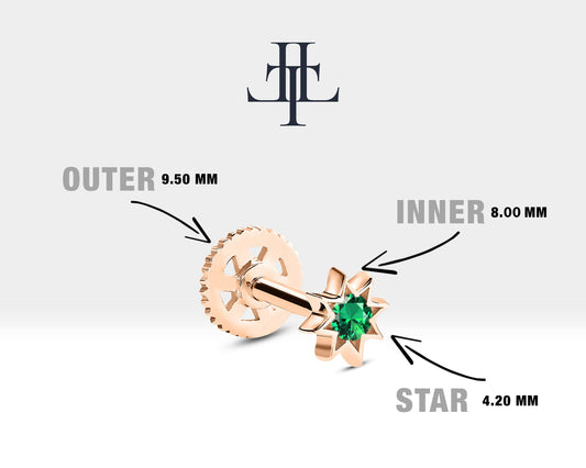 İştar Yıldızı Yeşil Garnet Piercing, 8 MM , 1.2 MM, 14K Sarı-Beyaz-Kırmızı Altın | LP00016G