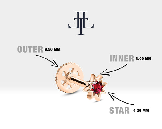 İştar Yıldızı Yakut Piercing, 8 MM , 1.2 MM, 14K Sarı-Beyaz-Kırmızı Altın | LP00016R