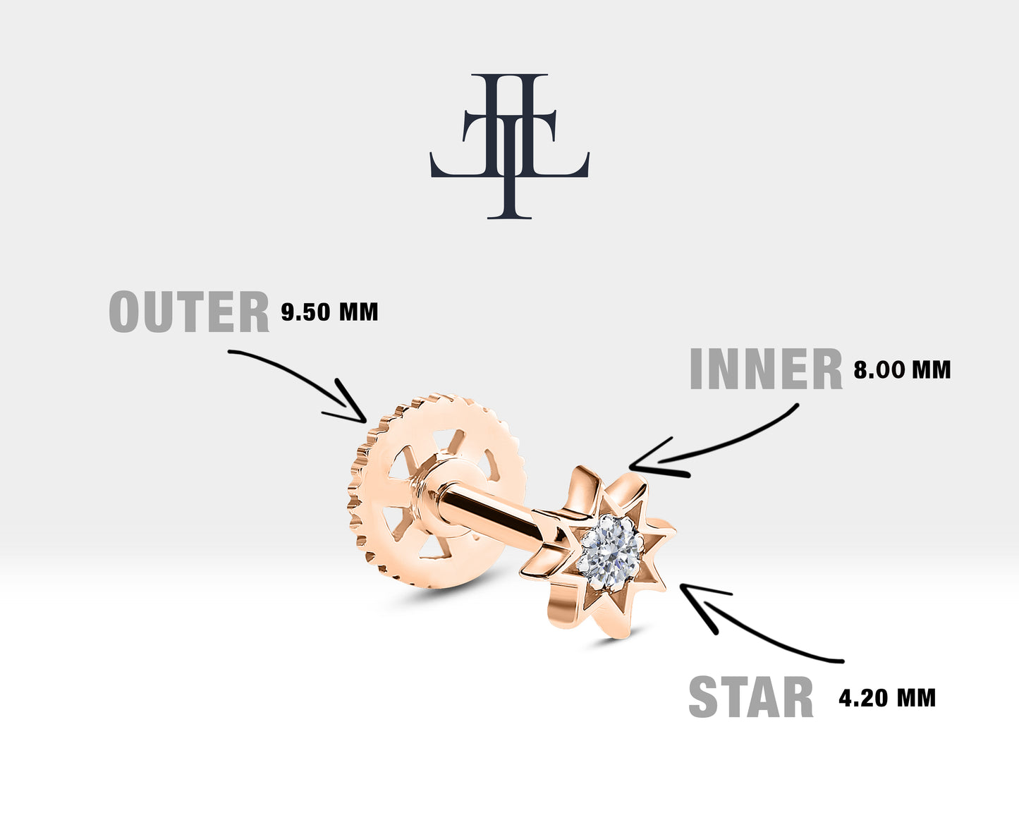 İştar Yıldızı Pırlantalı Piercing, 8 MM , 1.2 MM, 14K Sarı-Beyaz-Kırmızı Altın | LP00016D