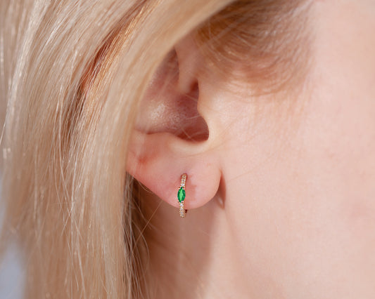 Markiz Zümrüt ve Pırlantalı Küpe, 12 MM , 14K Sarı-Beyaz-Kırmızı Altın | LE00003DE