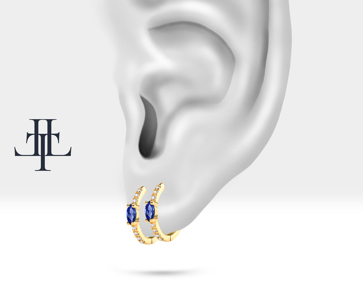 Markiz Safir ve Pırlantalı Küpe, 12 MM , 14K Sarı-Beyaz-Kırmızı Altın | LE00003DS