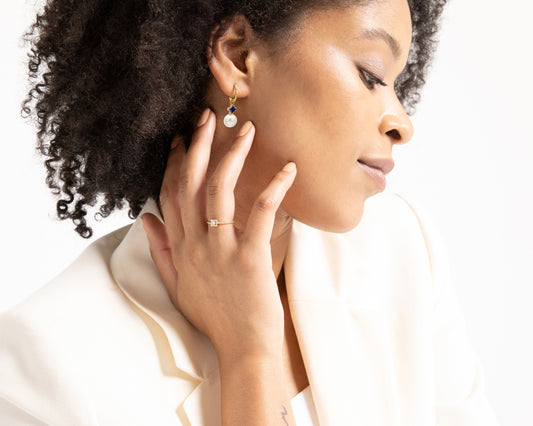 Prenses Safir İnci Sallantılı Küpe, 14K Sarı-Beyaz-Kırmızı Altın | LE00078PS