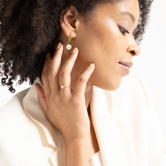 Prenses Zümrüt İnci Sallantılı Küpe, 14K Sarı-Beyaz-Kırmızı Altın | LE00078PE