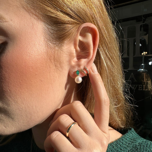 Markiz Zümrüt İnci Çivi Küpe, 14K Sarı-Beyaz-Kırmızı Altın | LES00007PE