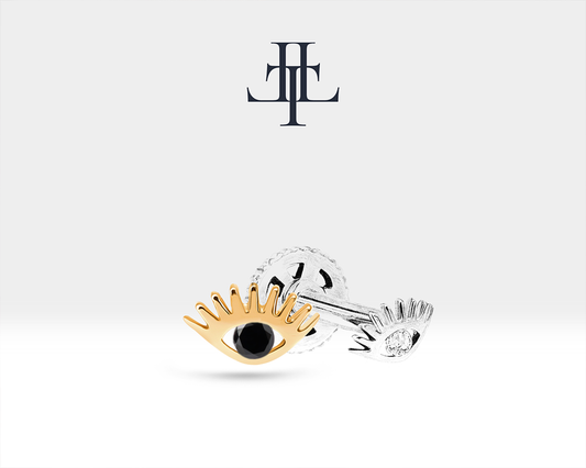 Siyah Pırlantalı Göz Piercing, 8 MM , 1.2 MM, 14K Sarı-Beyaz-Kırmızı Altın | LP00012B