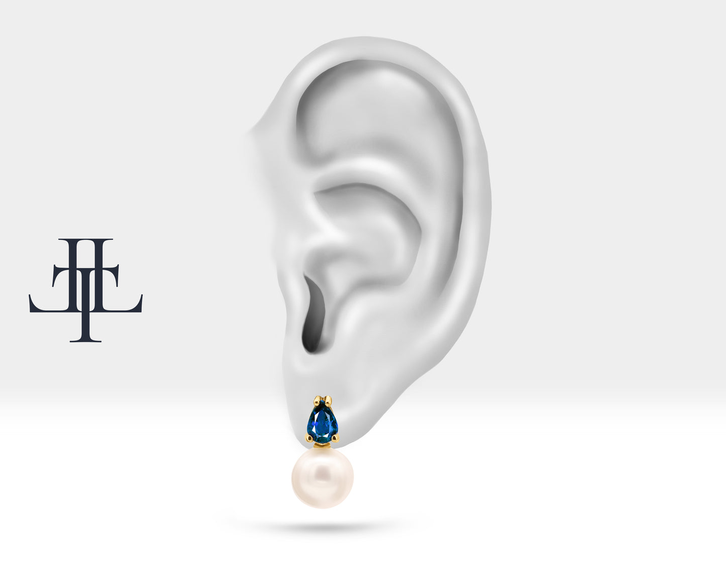 Damla Safir İnci Çivi Küpe, 14K Sarı-Beyaz-Kırmızı Altın | LES00004PS