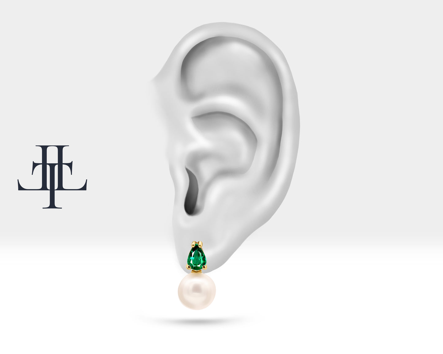 Damla Zümrüt İnci Çivi Küpe, 14K Sarı-Beyaz-Kırmızı Altın | LES00004PE