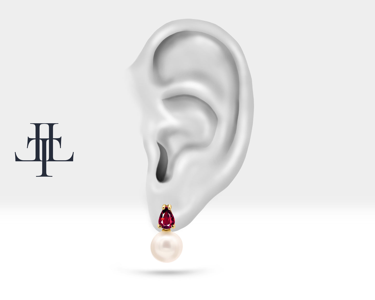 Damla Yakut İnci Çivi Küpe, 14K Sarı-Beyaz-Kırmızı Altın | LES00004PR