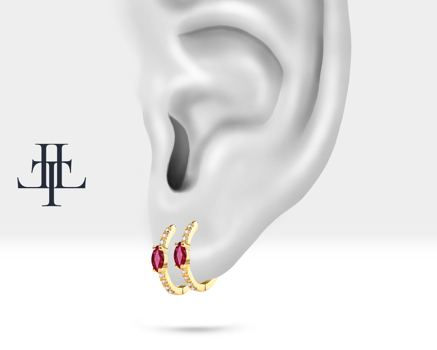 Markiz Yakut ve Pırlantalı Küpe, 12 MM , 14K Sarı-Beyaz-Kırmızı Altın | LE00003DR