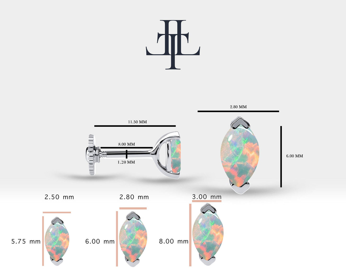 Markiz Opal Piercing, 8 MM , 1.2 MM, 14K Sarı-Beyaz-Kırmızı Altın | LP00022O