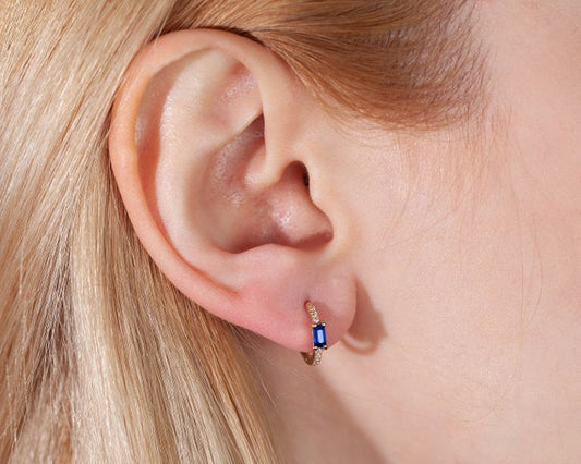 Baget Safir ve Pırlantalı Küpe, 12 MM , 14K Sarı-Beyaz-Kırmızı Altın | LE00022DS