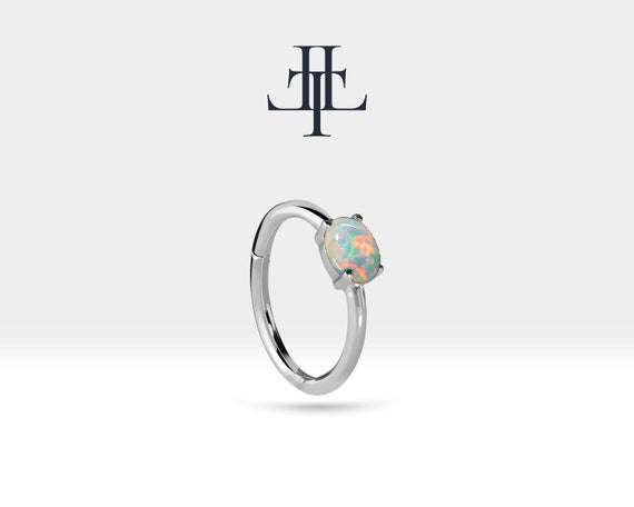 Oval Opal Halka Piercing Küpe, 12 MM , 1.2 MM, 14K Sarı-Beyaz-Kırmızı Altın | LE00007O
